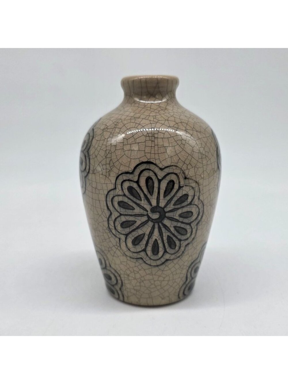 Small Beige Ceramic Bud Vase With Black Flower Motif & Crackled Texture 5"